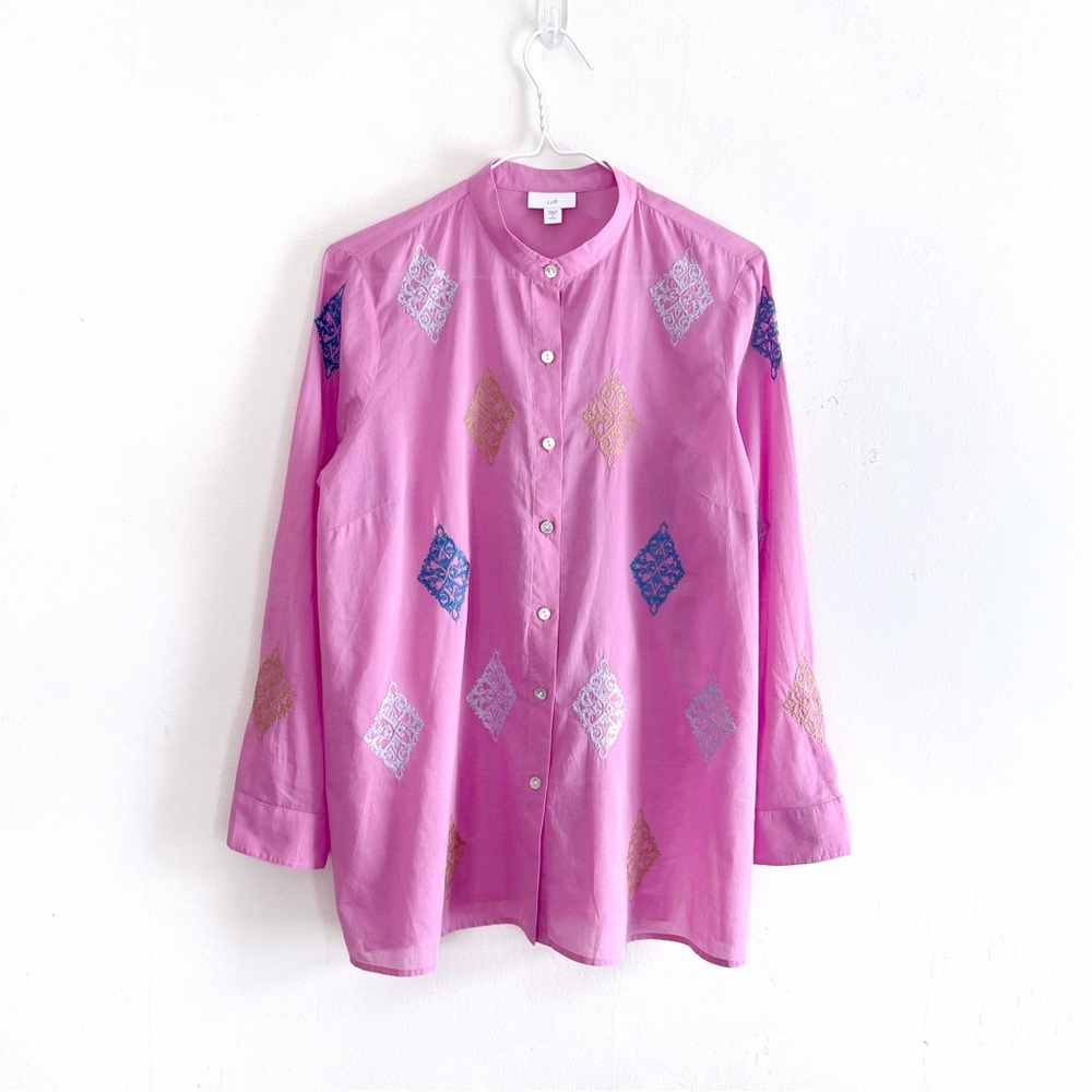 J.Jill Embroidered Button-Front Tunic Shirt in Camelia Pink